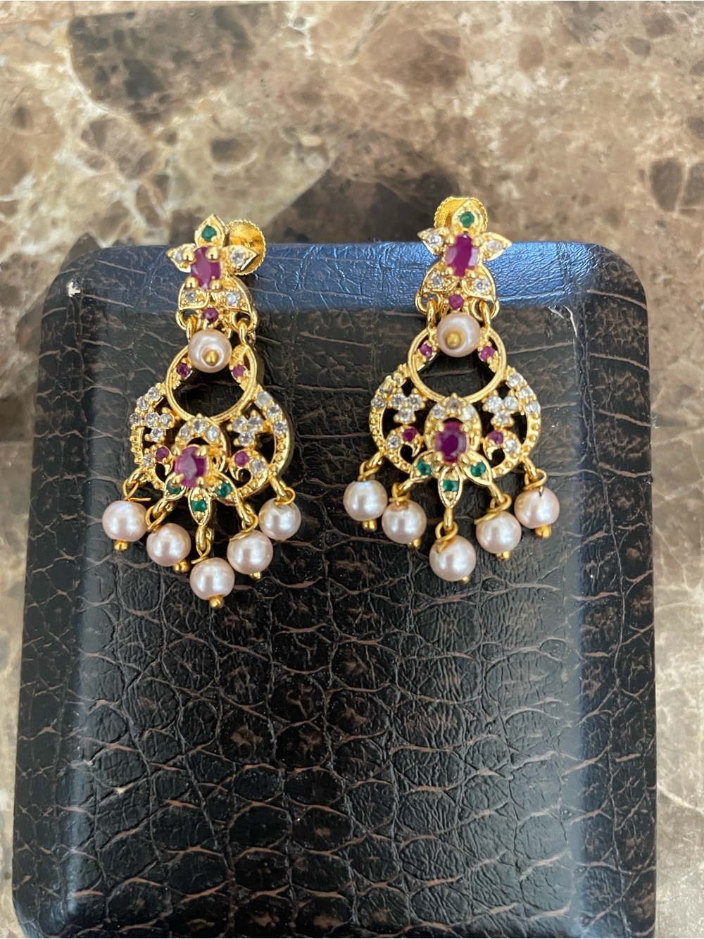 Gold-Tone Pearl & Ruby Accent Chandelier Earrings